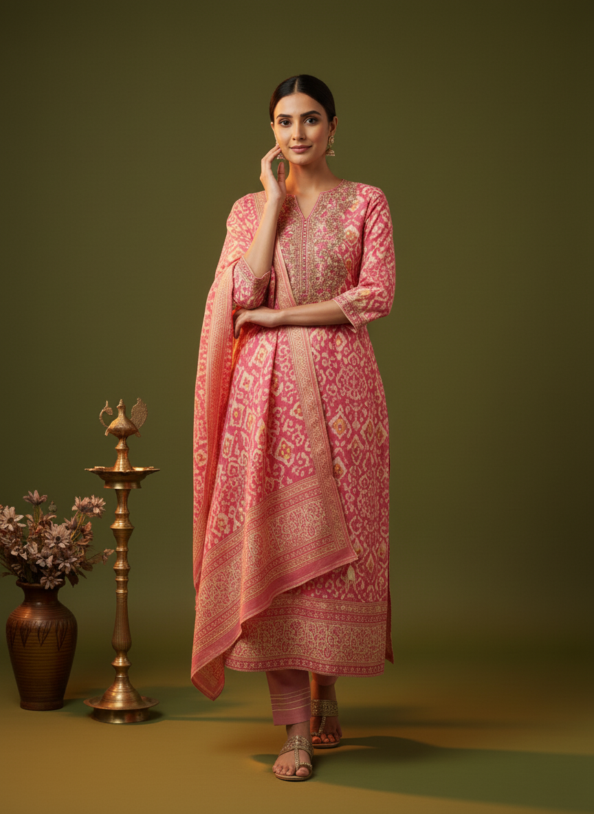 Ethnic Printed Straight Embroidered Kurta with Pant & Dupatta - Pink
