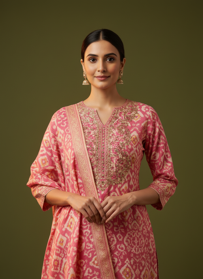 Ethnic Printed Straight Embroidered Kurta with Pant & Dupatta - Pink