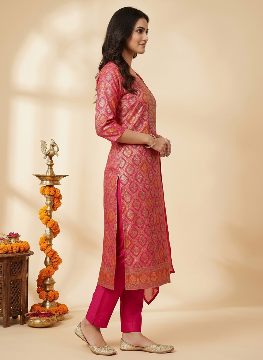 Floral Printed Embroidered Jacquard Kurta with Pant & Dupatta - Multi