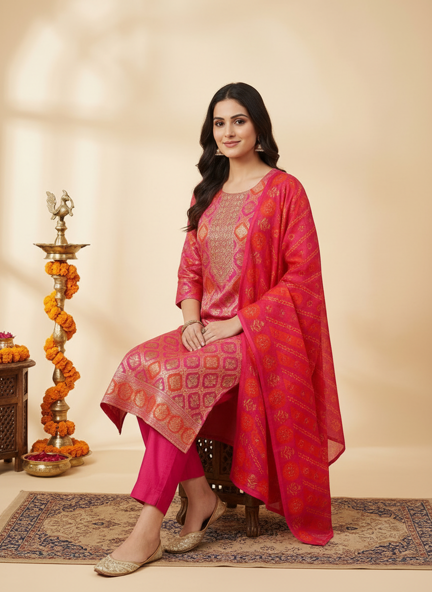 Floral Printed Embroidered Jacquard Kurta with Pant & Dupatta - Multi