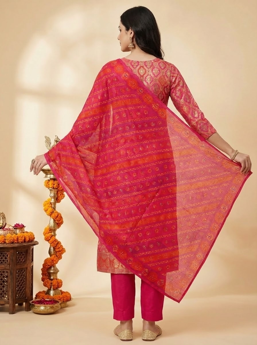 Floral Printed Embroidered Jacquard Kurta with Pant & Dupatta - Multi