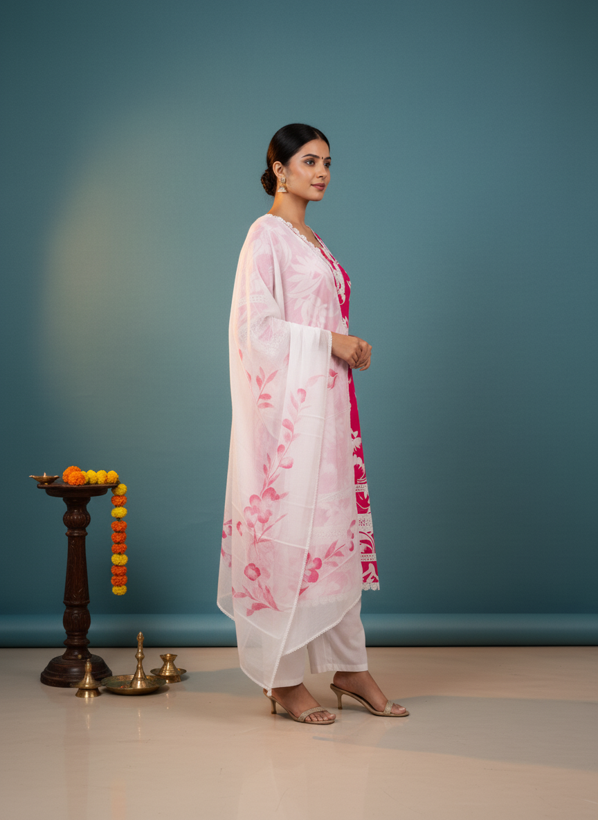 Abstract Floral Printed Straight Fit Kurta with Pant and Dupatta - Pink