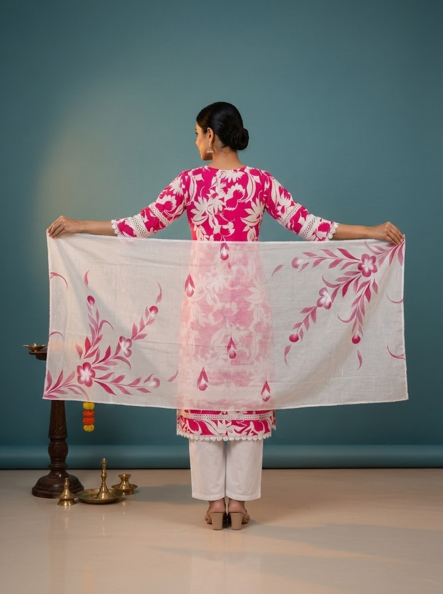 Abstract Floral Printed Straight Fit Kurta with Pant and Dupatta - Pink