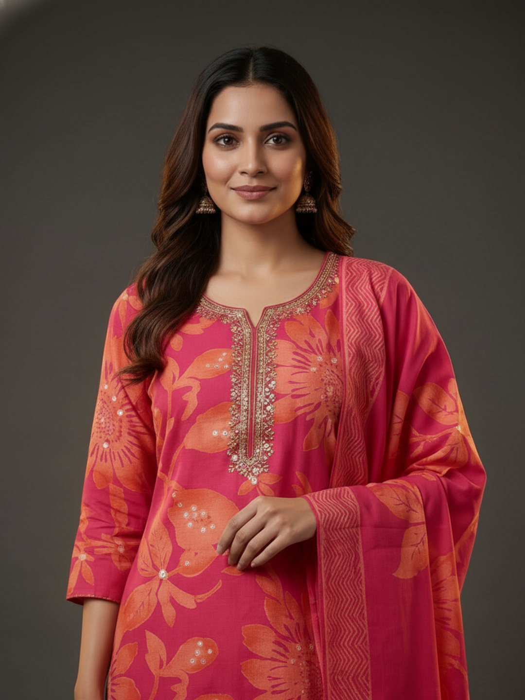 Ethnic Printed Straight Embroidered Kurta with Pant & Dupatta - Pink