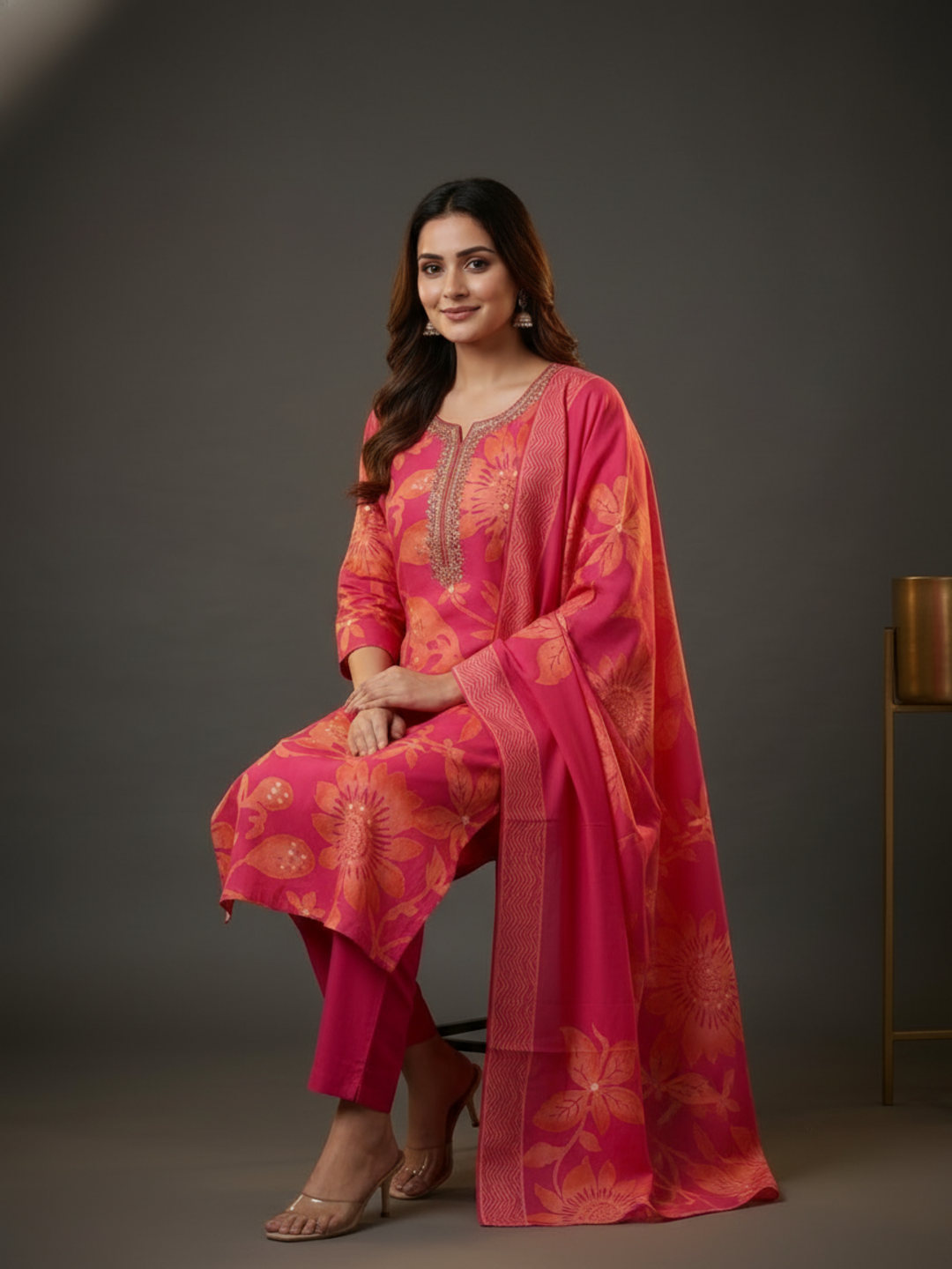 Ethnic Printed Straight Embroidered Kurta with Pant & Dupatta - Pink