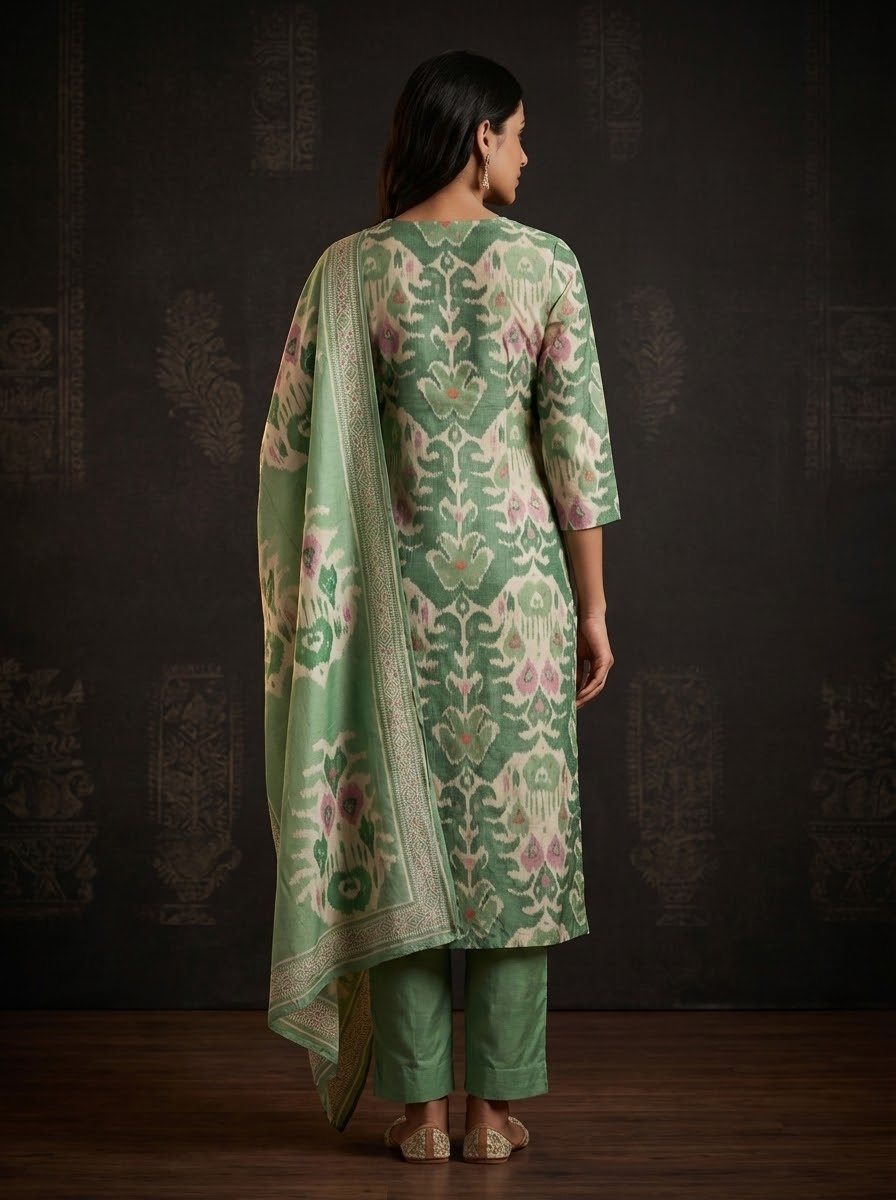 Ethnic Ikat Printed Straight Embroidered Kurta with Pant & Dupatta - Green