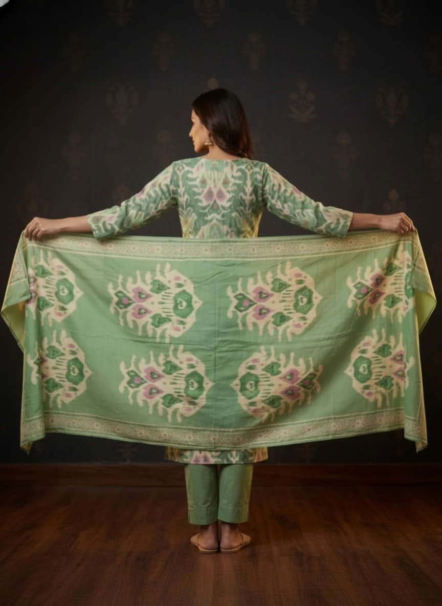Ethnic Ikat Printed Straight Embroidered Kurta with Pant & Dupatta - Green
