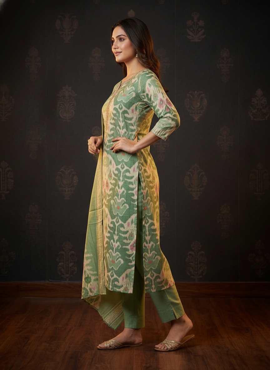 Ethnic Ikat Printed Straight Embroidered Kurta with Pant & Dupatta - Green