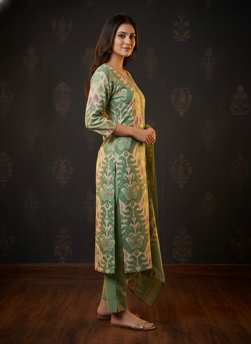 Ethnic Ikat Printed Straight Embroidered Kurta with Pant & Dupatta - Green