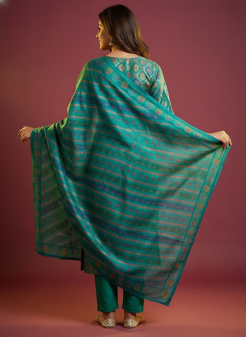 Solid Kalamkari Printed Straight Kurta with Pant & Dupatta - Blue