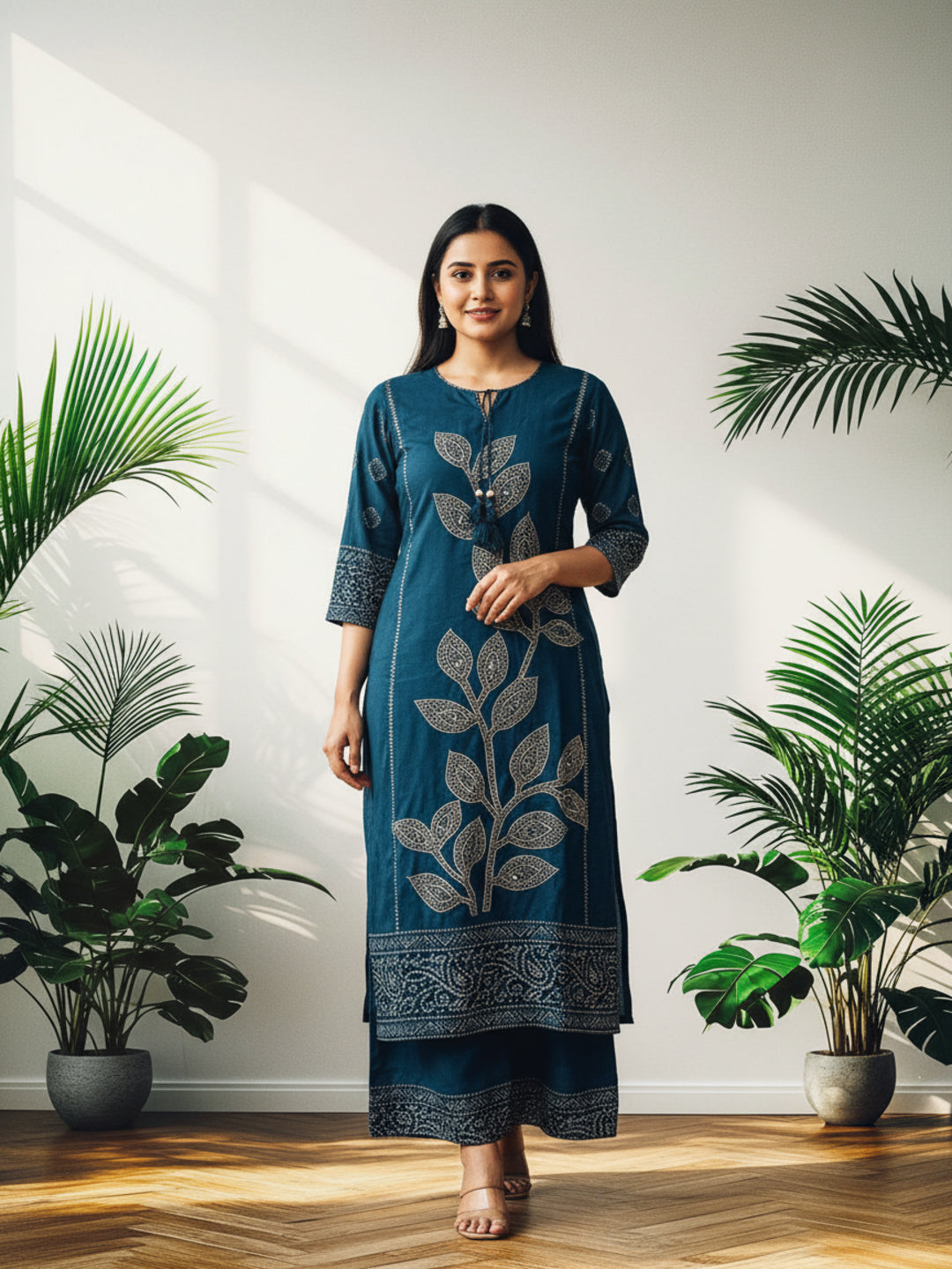 Bandhani Kurta Palazzo Set with Mirror & Kantha Work - Blue
