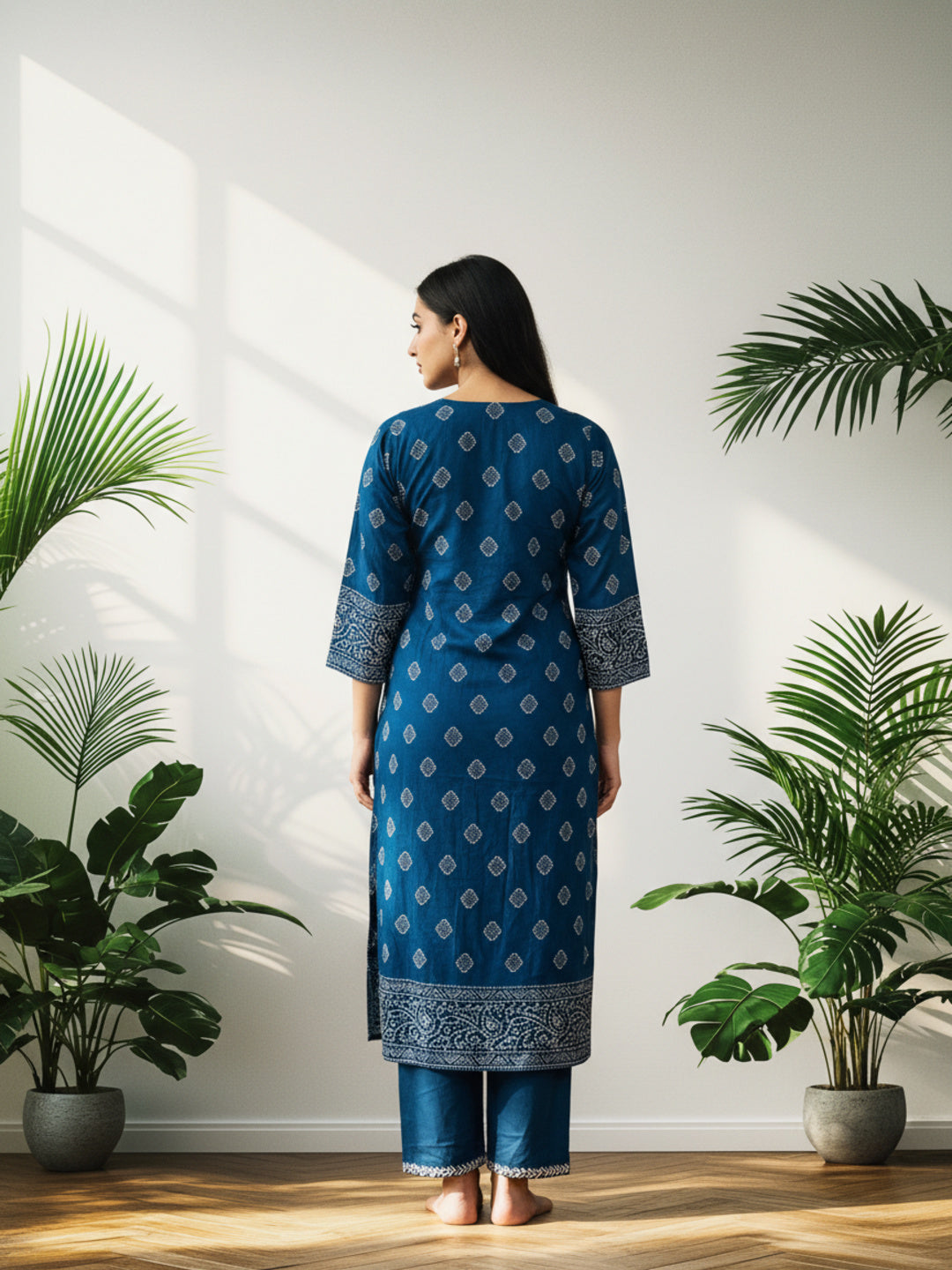 Bandhani Kurta Palazzo Set with Mirror & Kantha Work - Blue