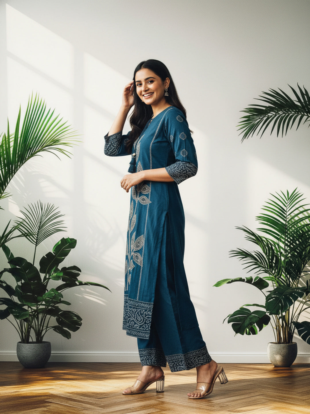 Bandhani Kurta Palazzo Set with Mirror & Kantha Work - Blue