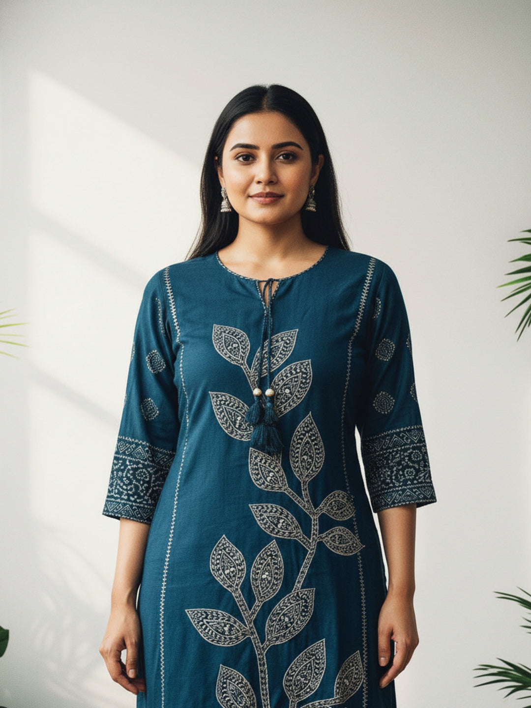 Bandhani Kurta Palazzo Set with Mirror & Kantha Work - Blue