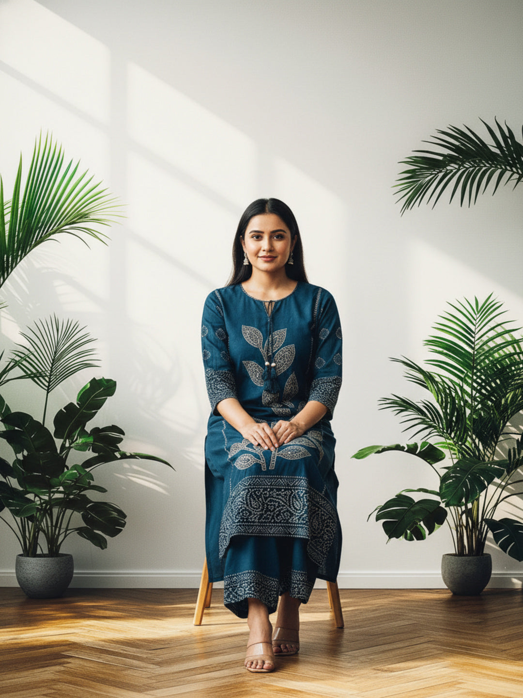 Bandhani Kurta Palazzo Set with Mirror & Kantha Work - Blue