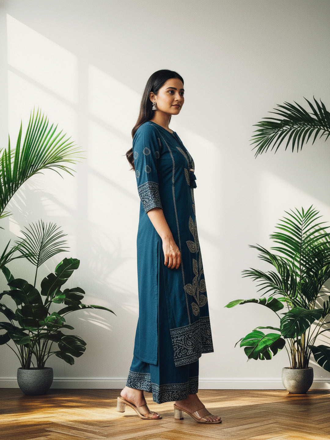 Bandhani Kurta Palazzo Set with Mirror & Kantha Work - Blue