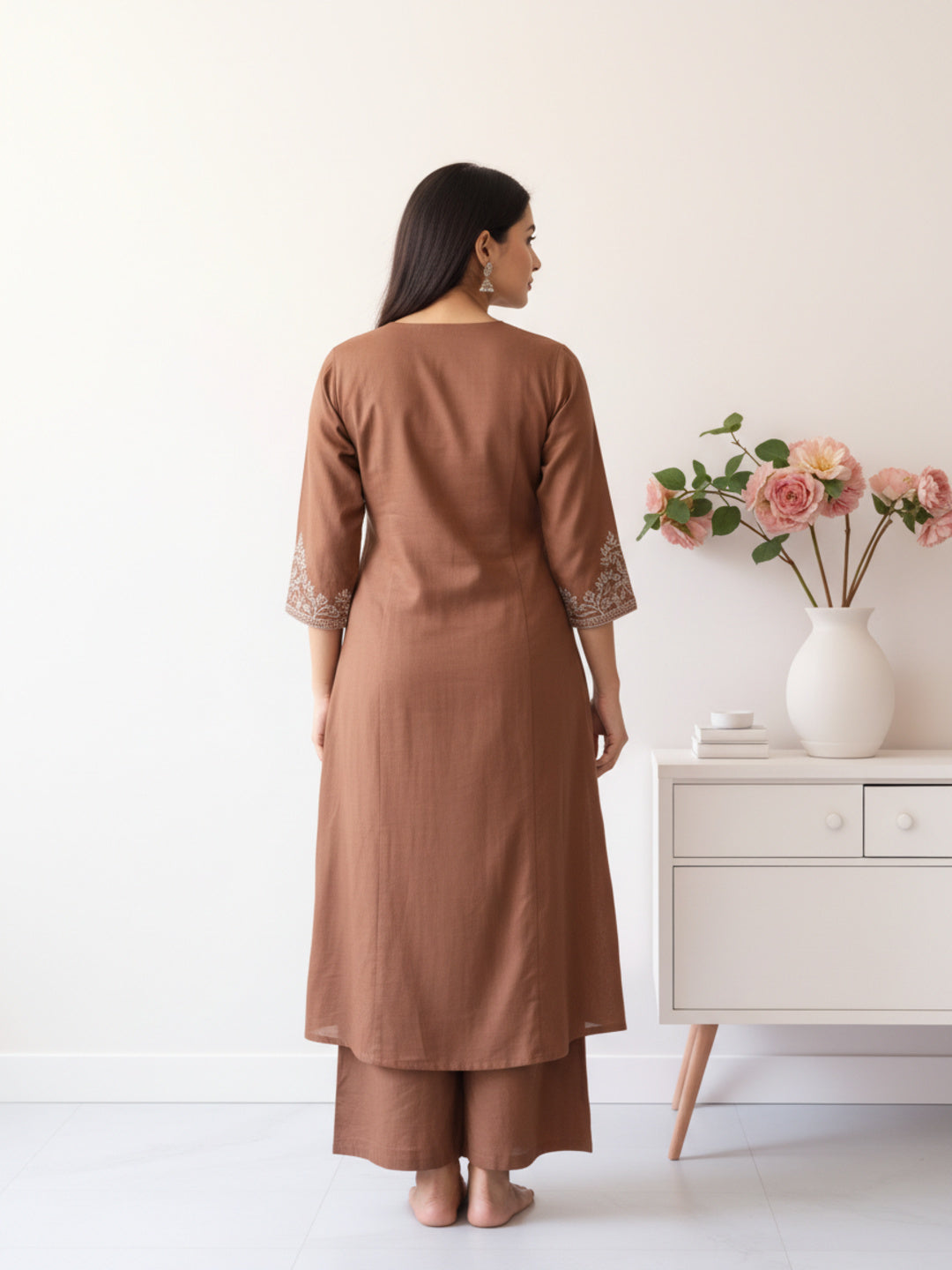 Solid Antique Silver Zari Embroidered A-Line Kurta with Palazzo - Mauve