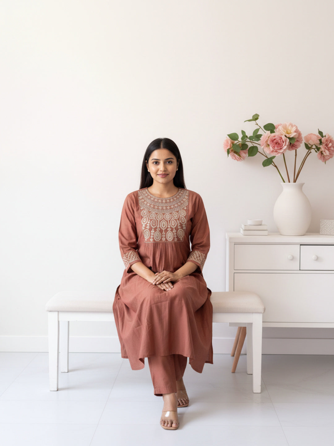 Solid Antique Silver Zari Embroidered A-Line Kurta with Palazzo - Mauve