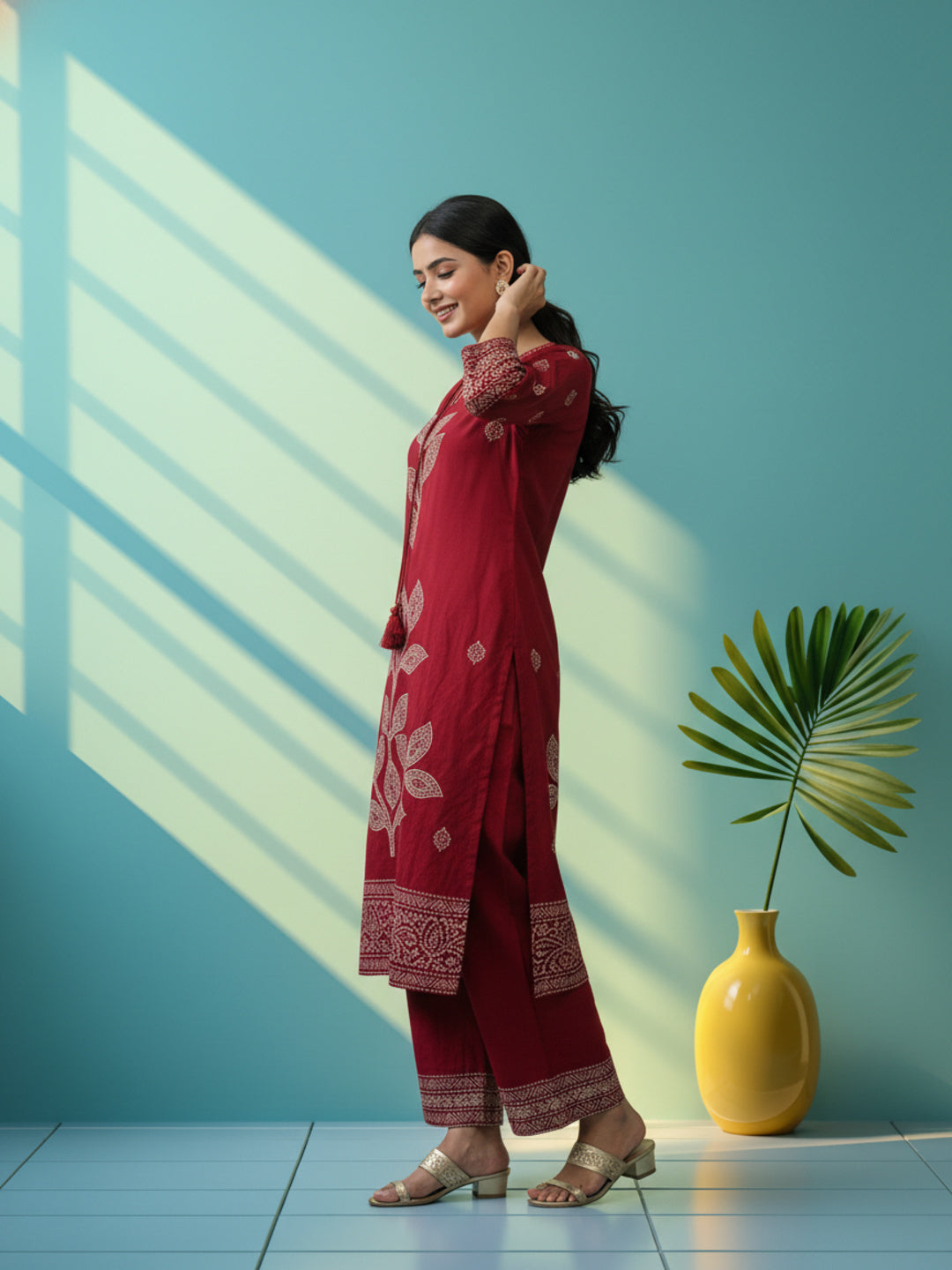 Ethnic Viscose Rayon Bandhani Suit Set with Mirror Embroidery & Kantha Work - Maroon