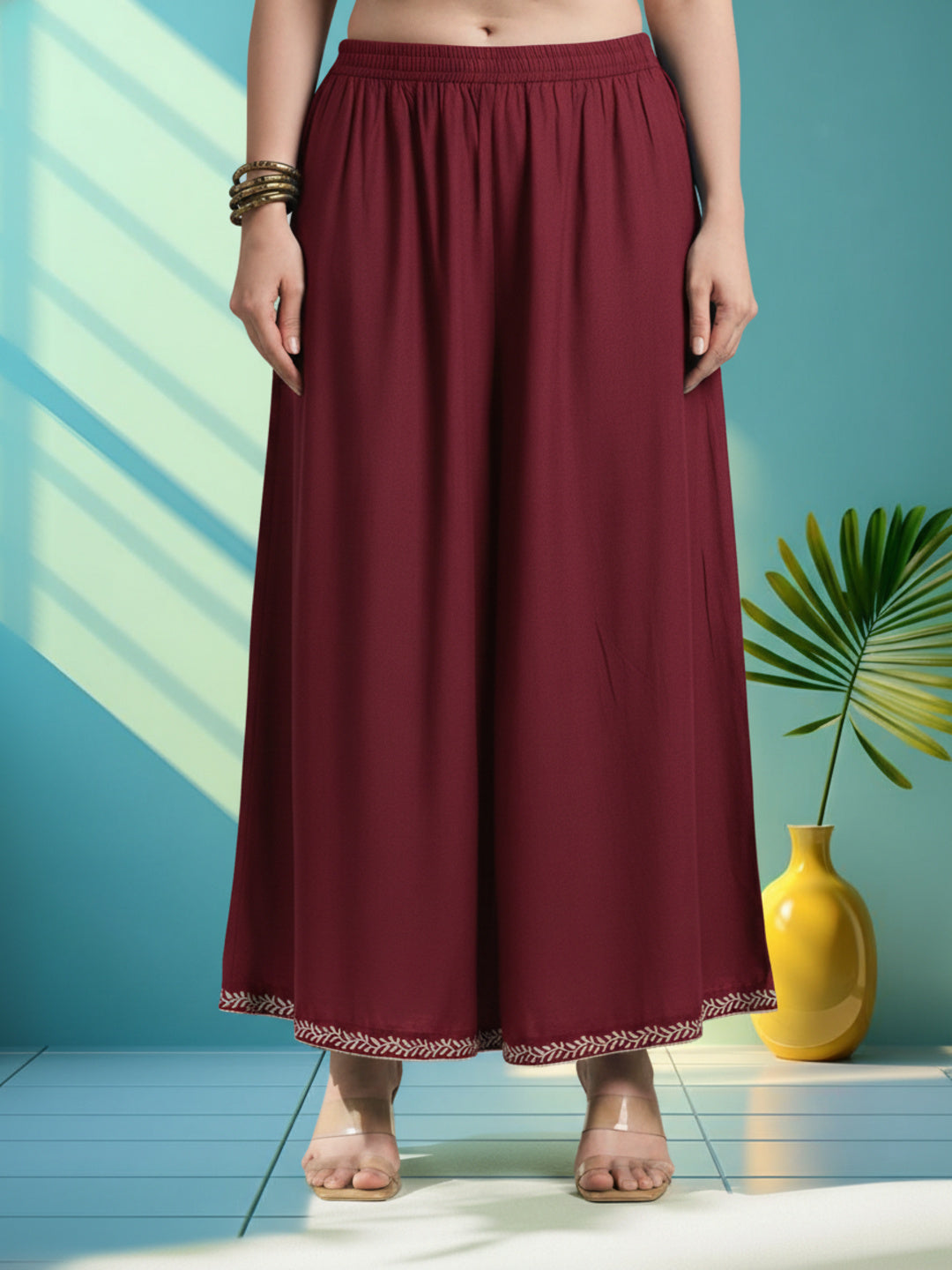 Ethnic Viscose Rayon Bandhani Suit Set with Mirror Embroidery & Kantha Work - Maroon