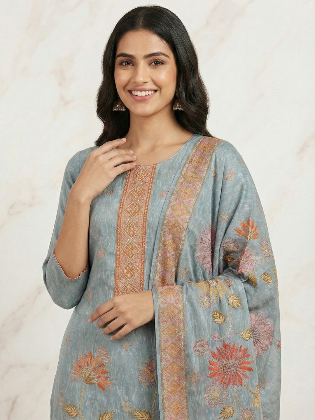 Ethnic Printed Embroidered Straight Kurta with Pant and Dupatta- Powder Blue