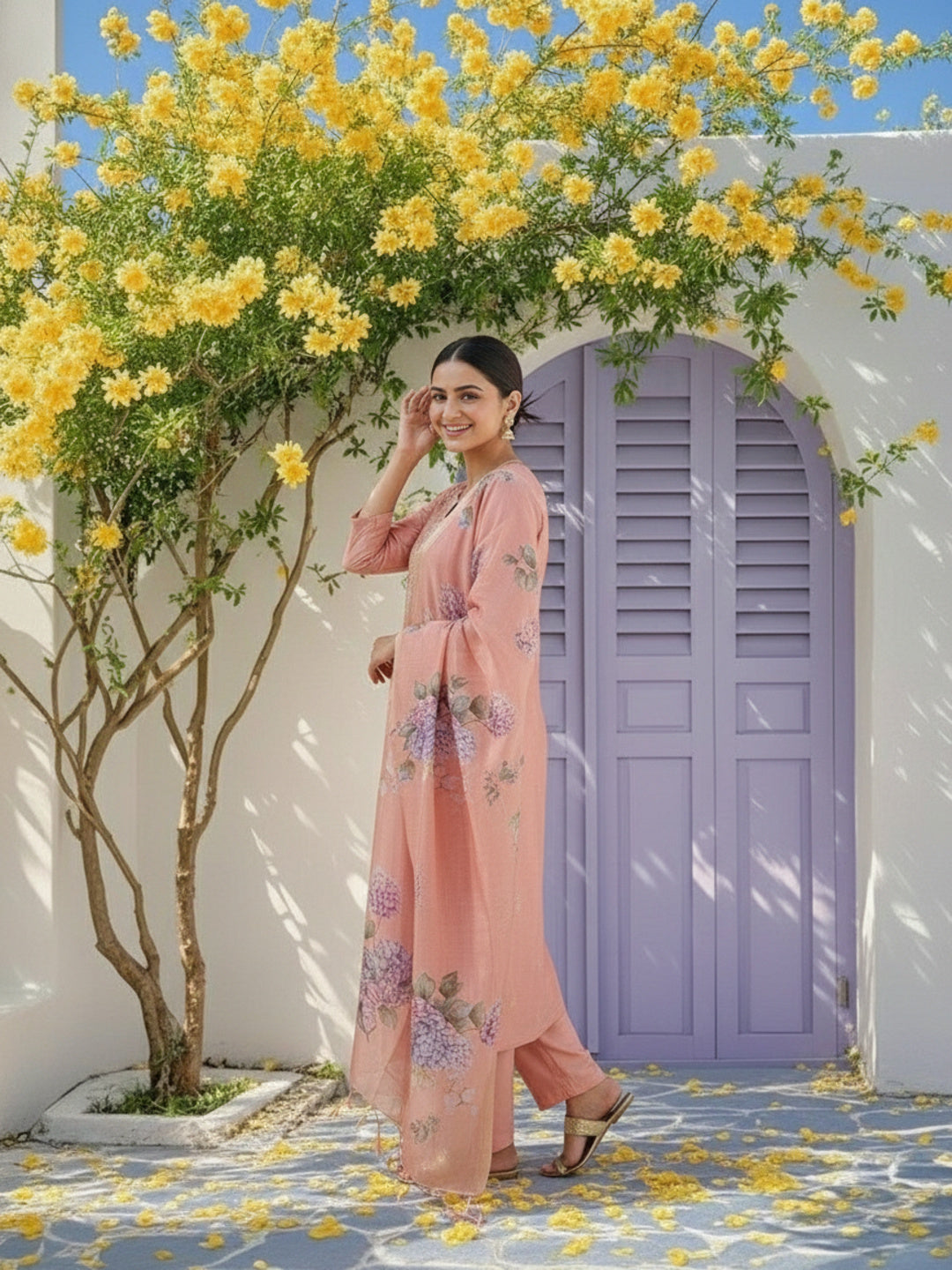 Solid Zari Embroidered Straight Kurta with Pant & Dupatta - Pink