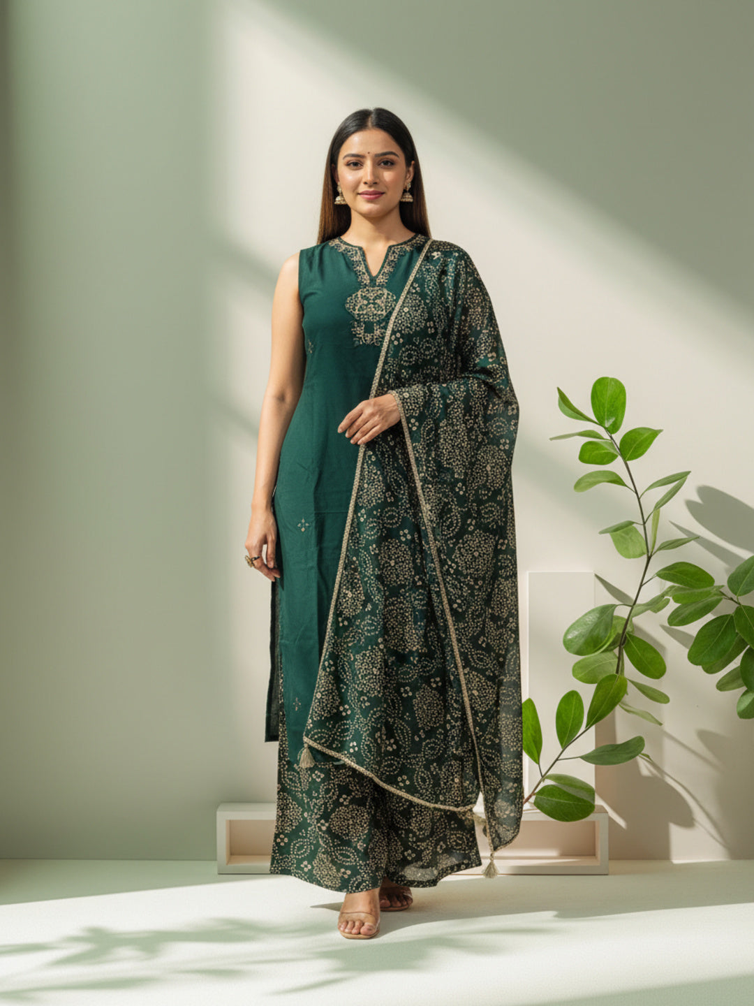 Solid Mirror Work Embroidered Straight Kurta with Palazzo & Dupatta - Green