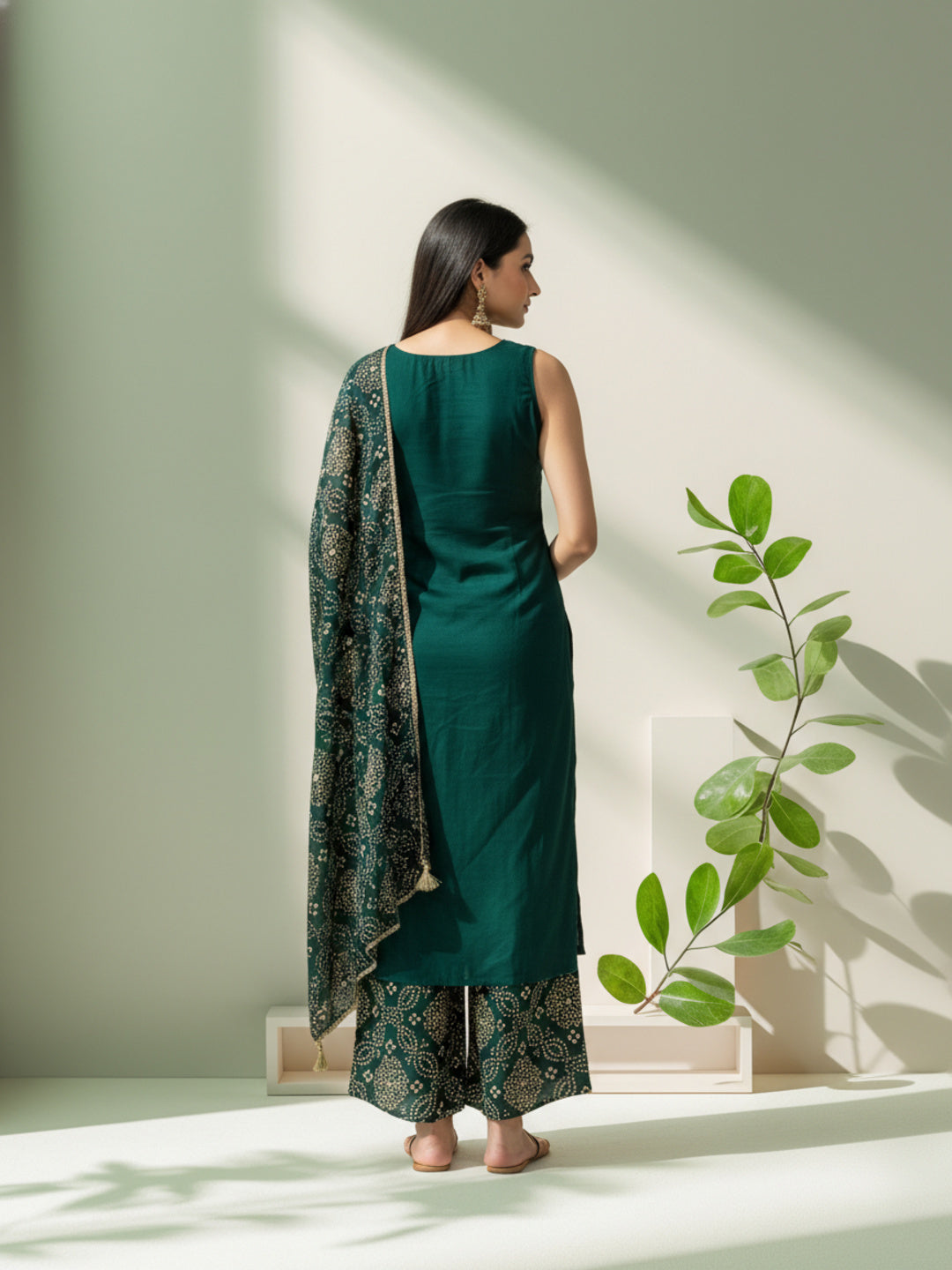Solid Mirror Work Embroidered Straight Kurta with Palazzo & Dupatta - Green