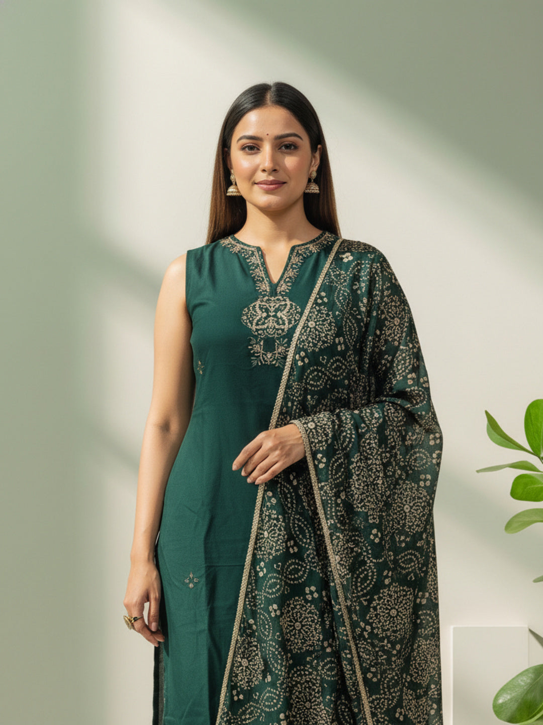 Solid Mirror Work Embroidered Straight Kurta with Palazzo & Dupatta - Green