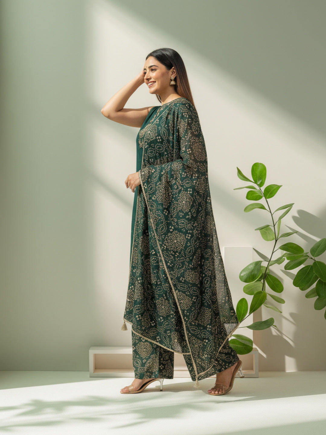 Solid Mirror Work Embroidered Straight Kurta with Palazzo & Dupatta - Green