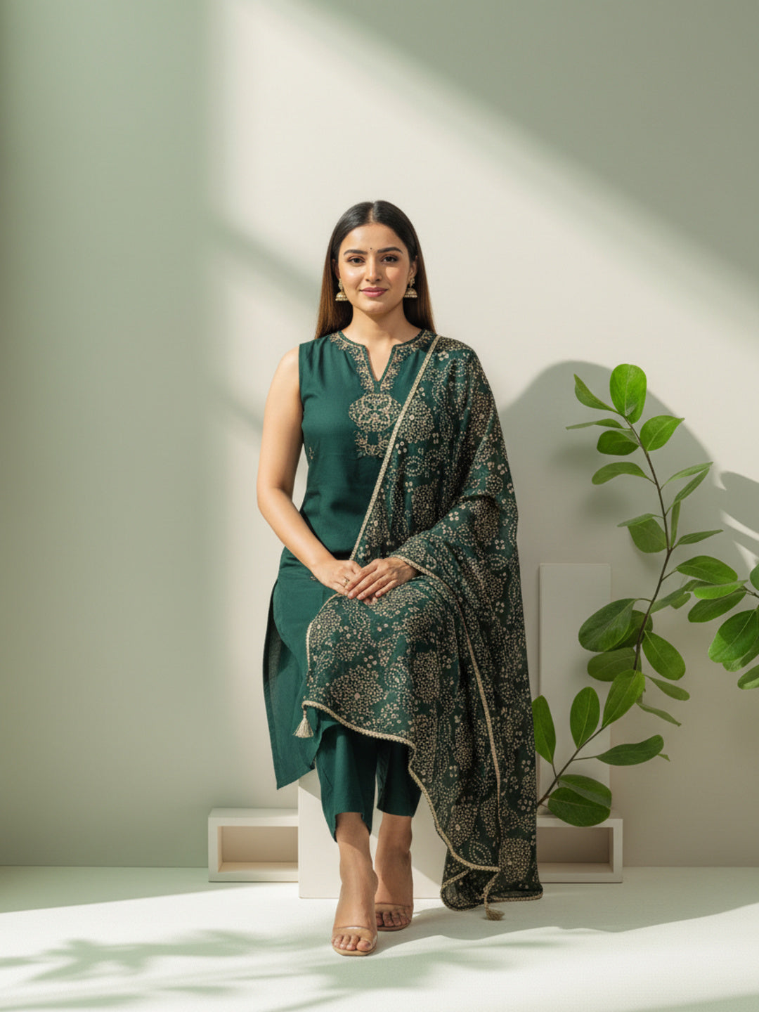 Solid Mirror Work Embroidered Straight Kurta with Palazzo & Dupatta - Green