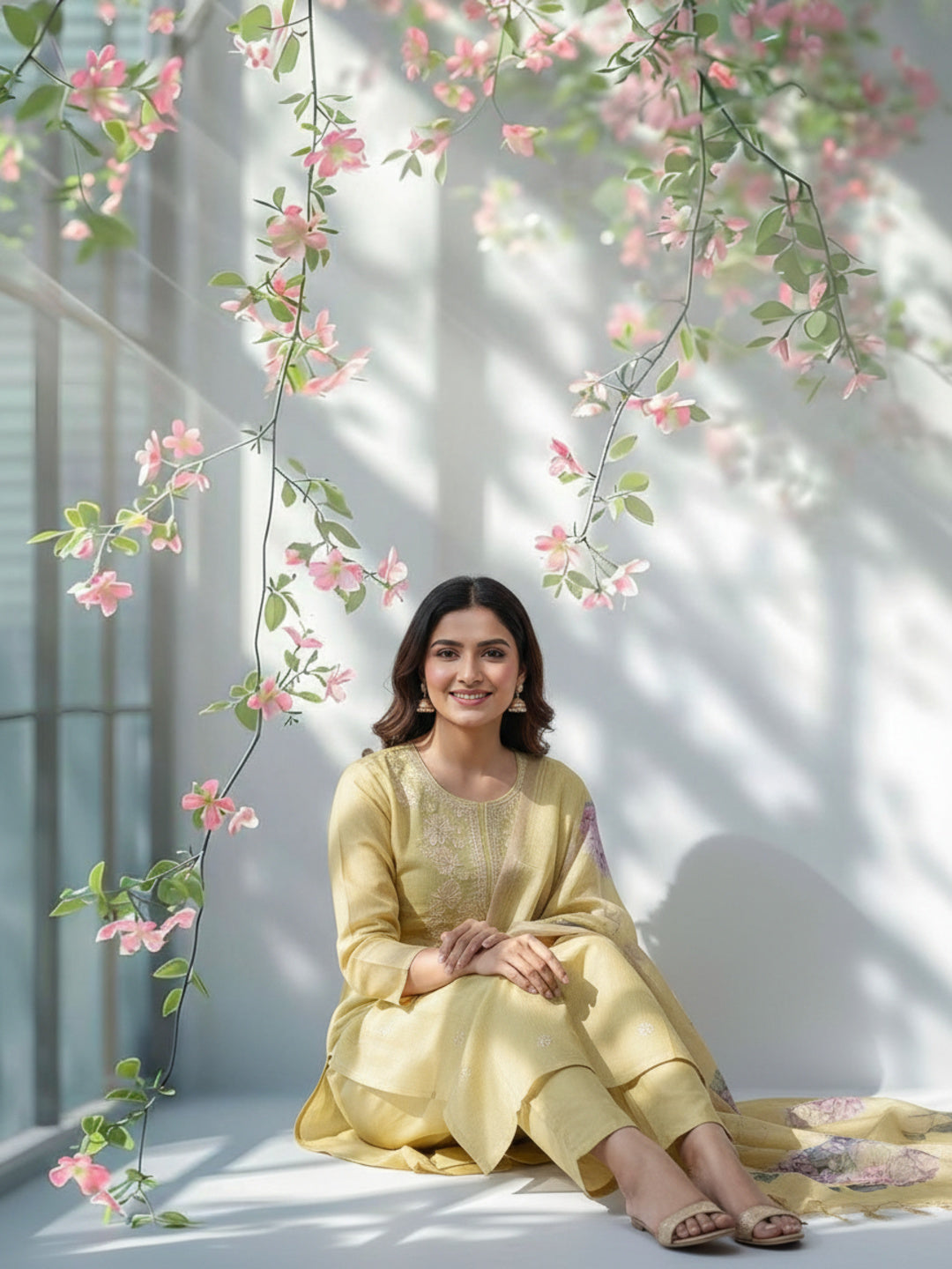Solid Zari Embroidered Straight Kurta with Pant & Dupatta - Lime Green