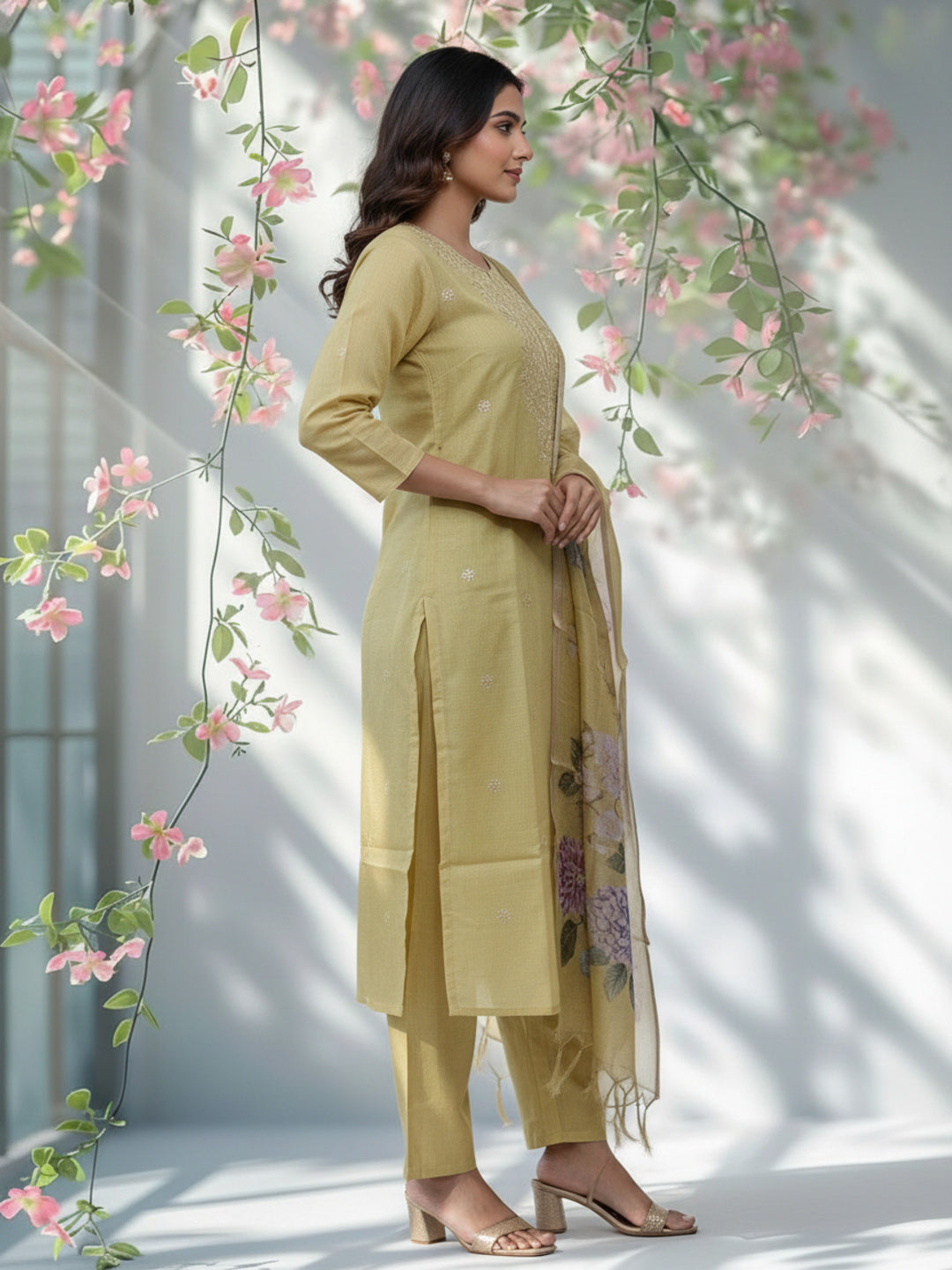 Solid Zari Embroidered Straight Kurta with Pant & Dupatta - Lime Green
