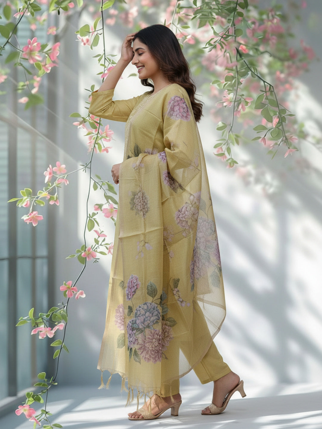 Solid Zari Embroidered Straight Kurta with Pant & Dupatta - Lime Green