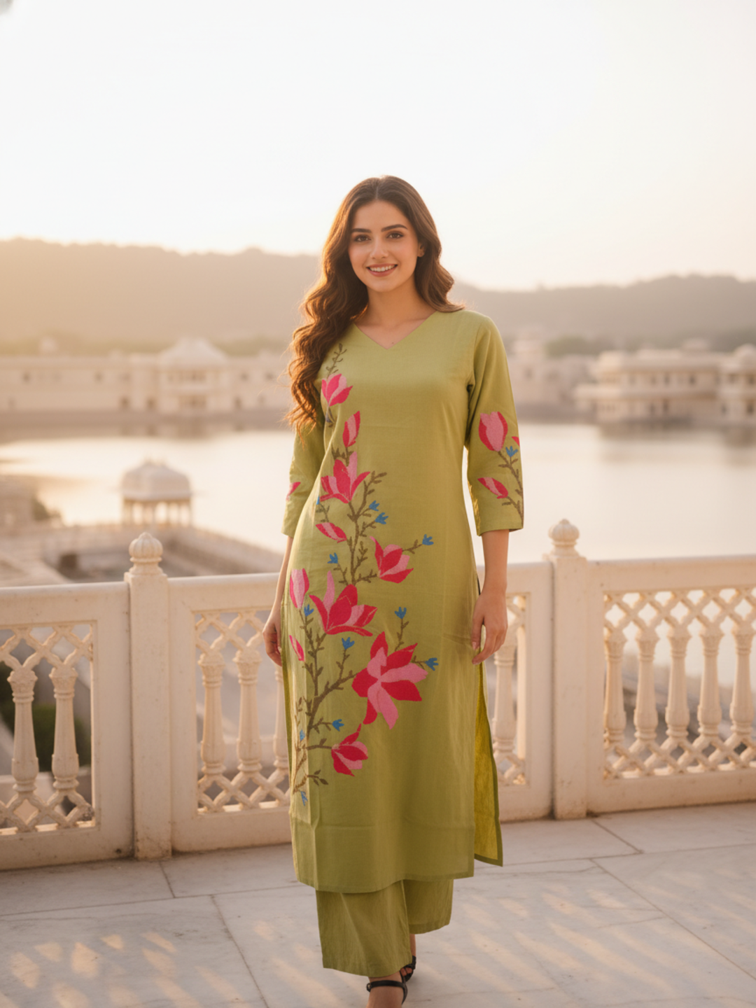 Solid Thread Embroidered Straight Kurta with Palazzo - Lime Green