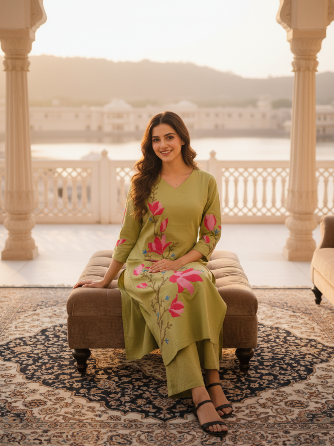 Solid Thread Embroidered Straight Kurta with Palazzo - Lime Green