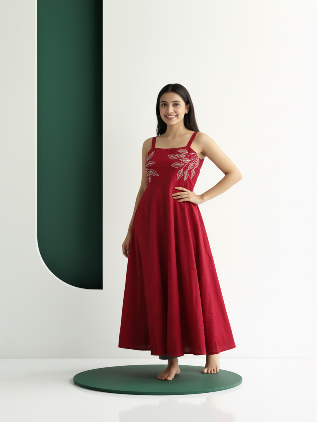 Solid Embroidered Fit & Flare Dress - Red