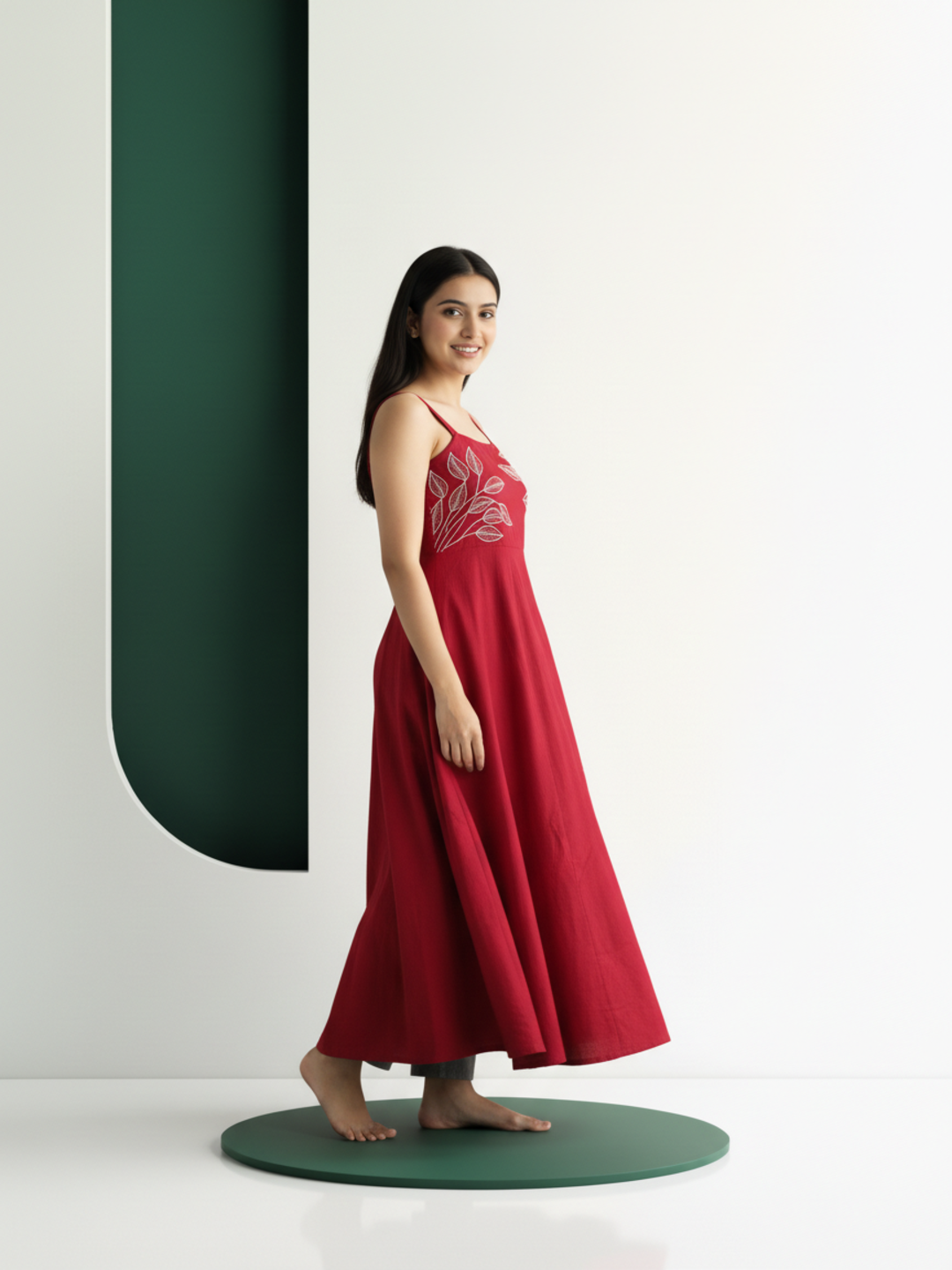 Solid Embroidered Fit & Flare Dress - Red