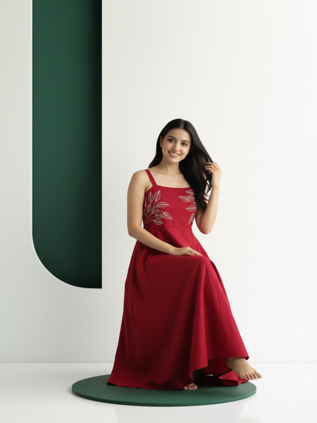 Solid Embroidered Fit & Flare Dress - Red