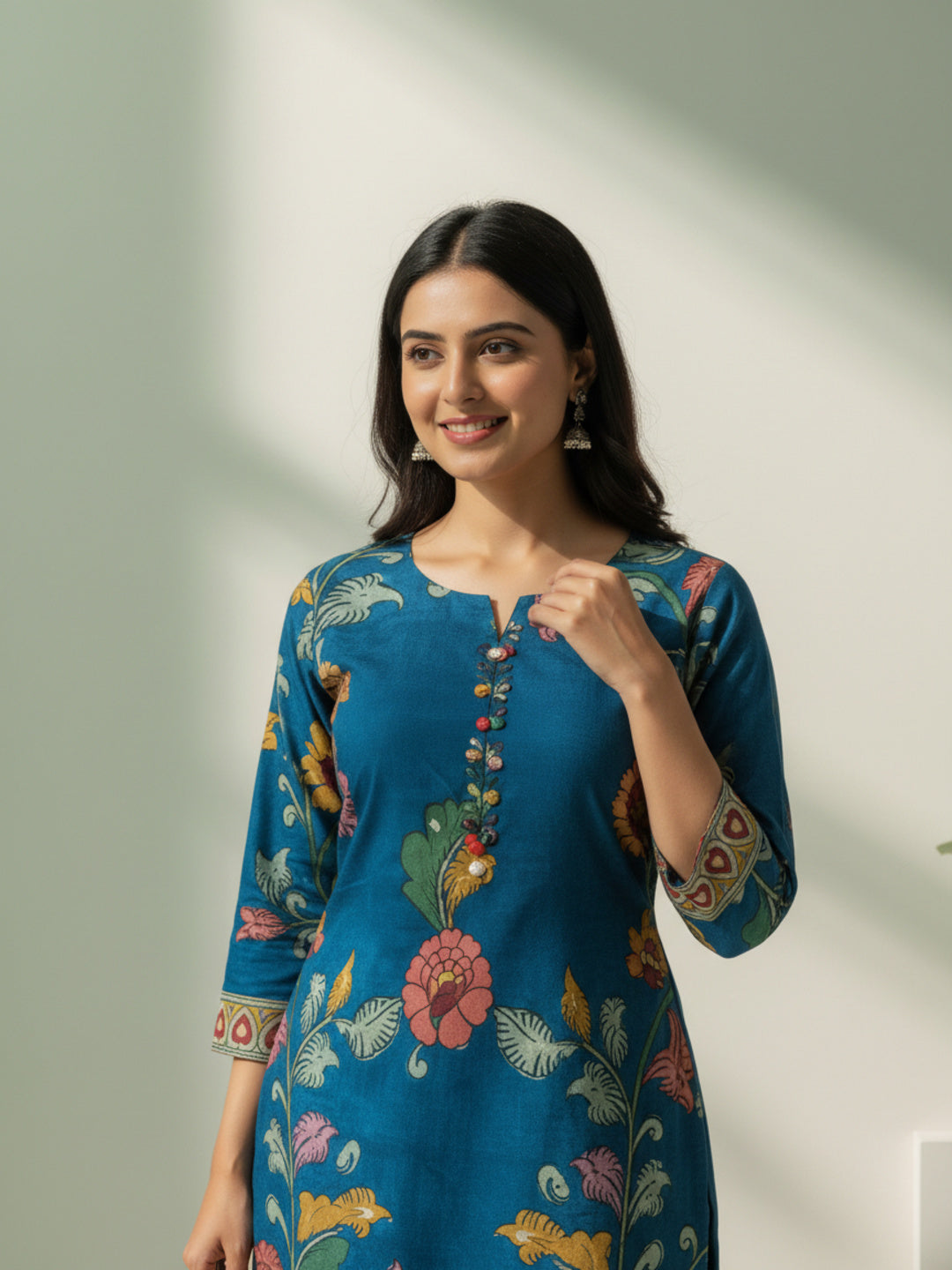 Ethnic Kalamkari Printed Sequin Embellished Straight Kurta with Palazzo & Dupatta - Navy Blue