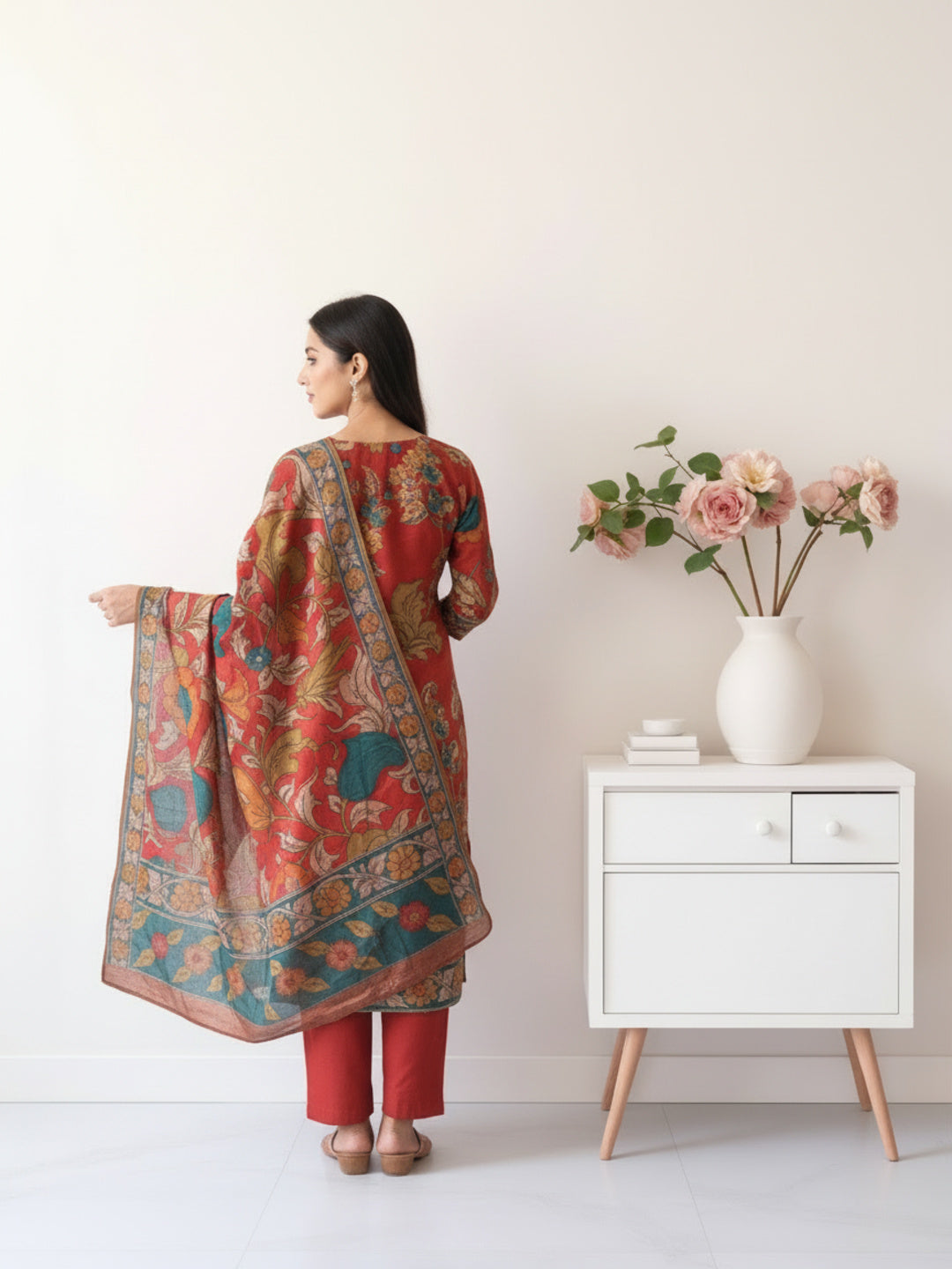 Ethnic Kalamkari Printed Sequin Embellished Straight Kurta with Palazzo & Dupatta - Red