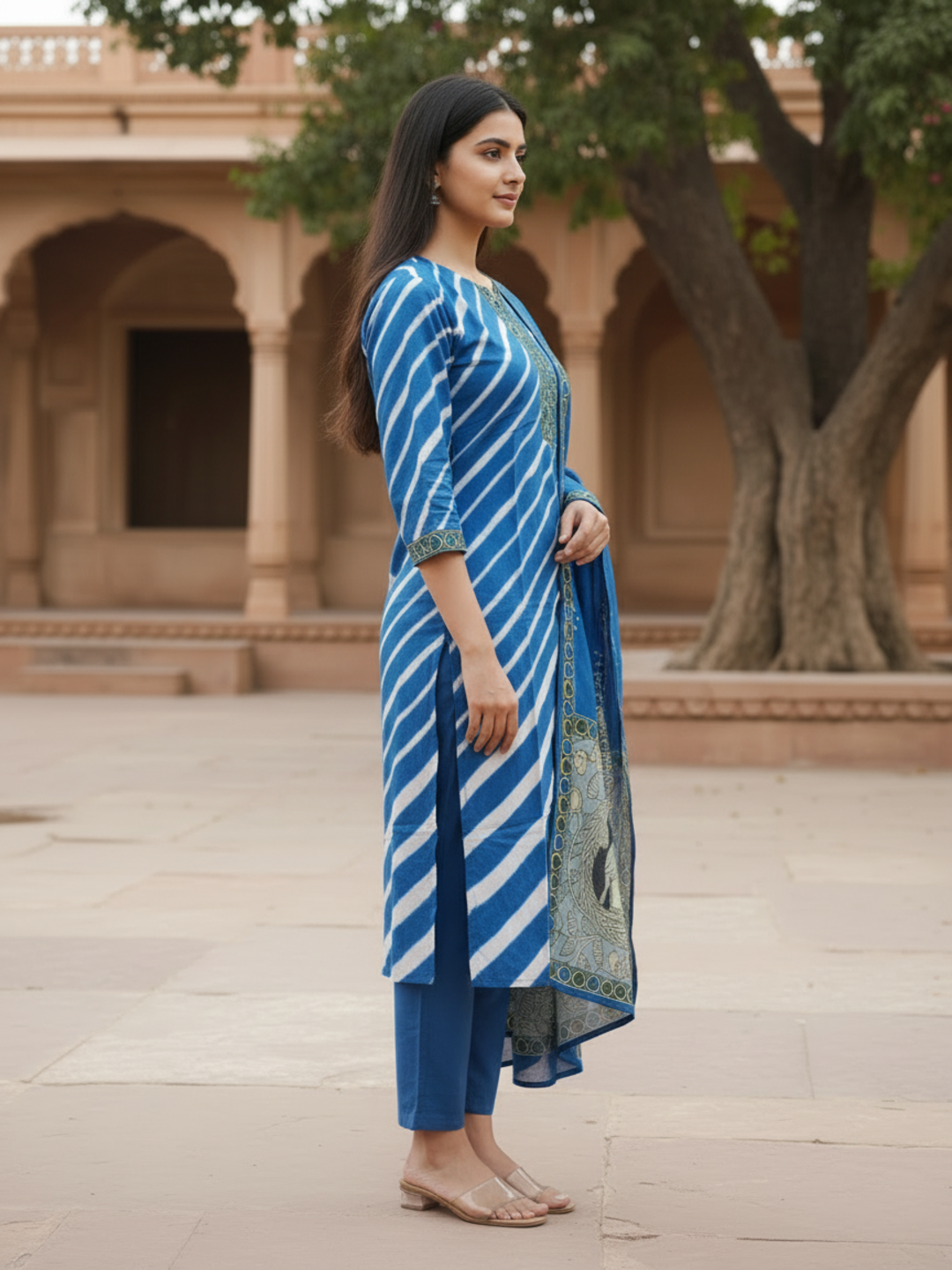 Lehariya Printed Sequin Embellished Straight Kurta with Palazzo & Dupatta - Blue