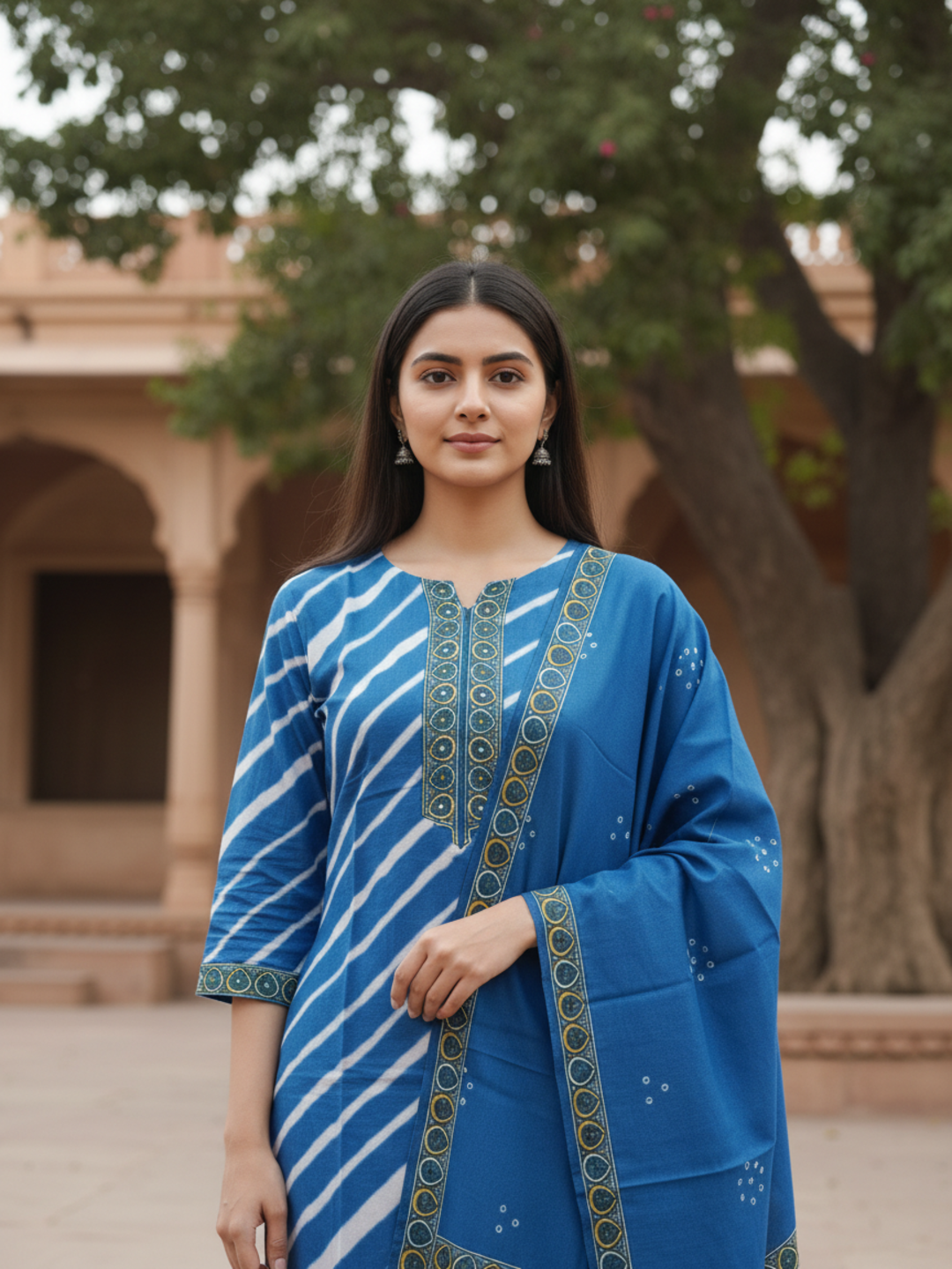 Lehariya Printed Sequin Embellished Straight Kurta with Palazzo & Dupatta - Blue