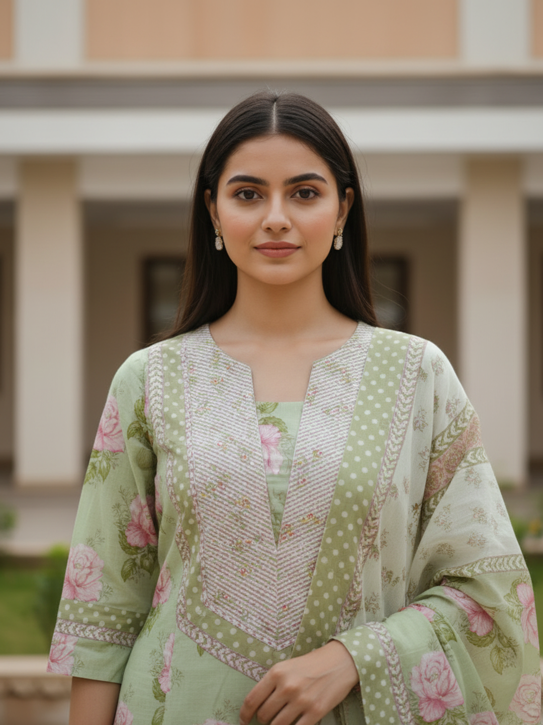 Floral Printed Embroidered A-Line Kurta with Palazzo & Dupatta - Green