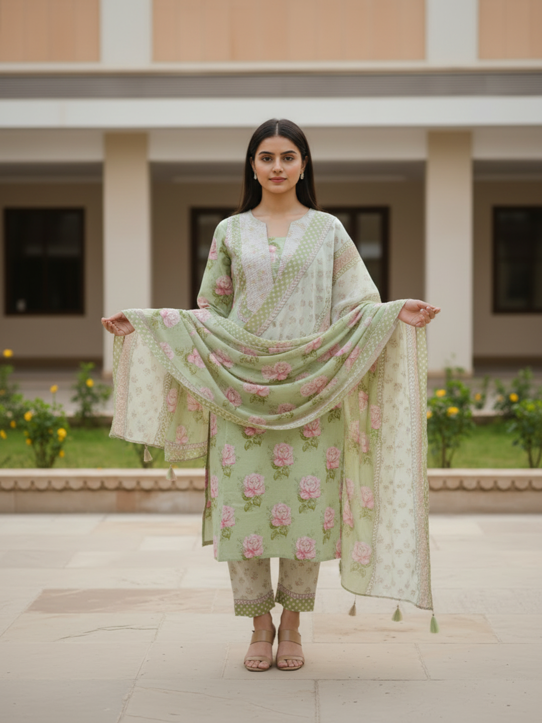 Floral Printed Embroidered A-Line Kurta with Palazzo & Dupatta - Green