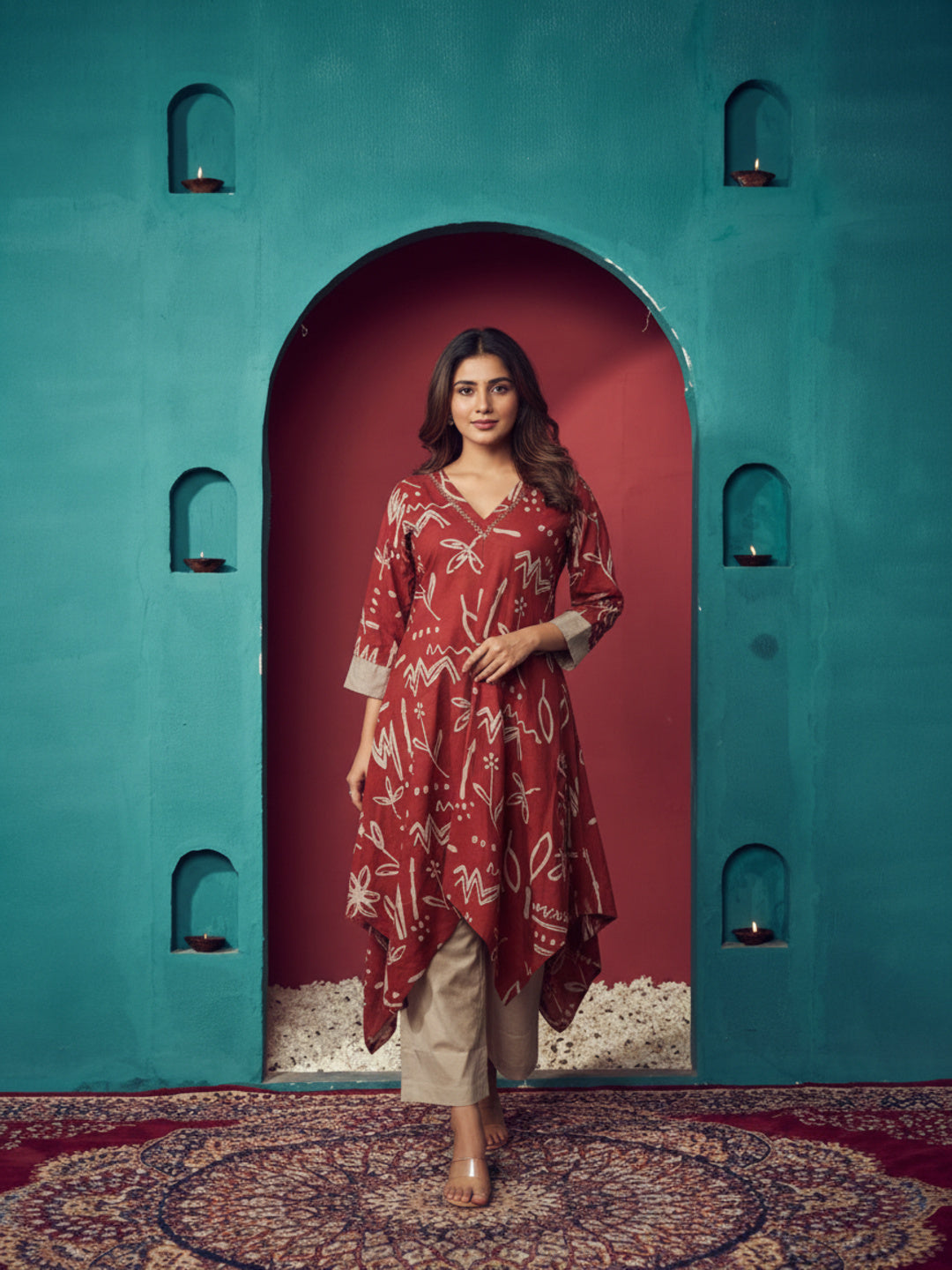 Abstract Printed Embroidered Asymmetric Kurta with Pant - Maroon