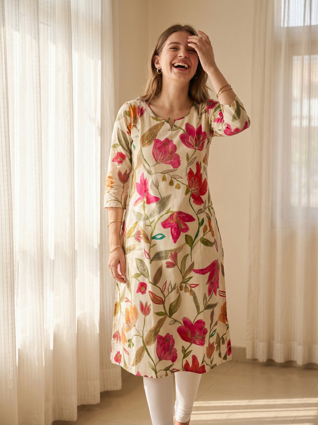 Floral Printed Embroidered A-Line Kurta - White