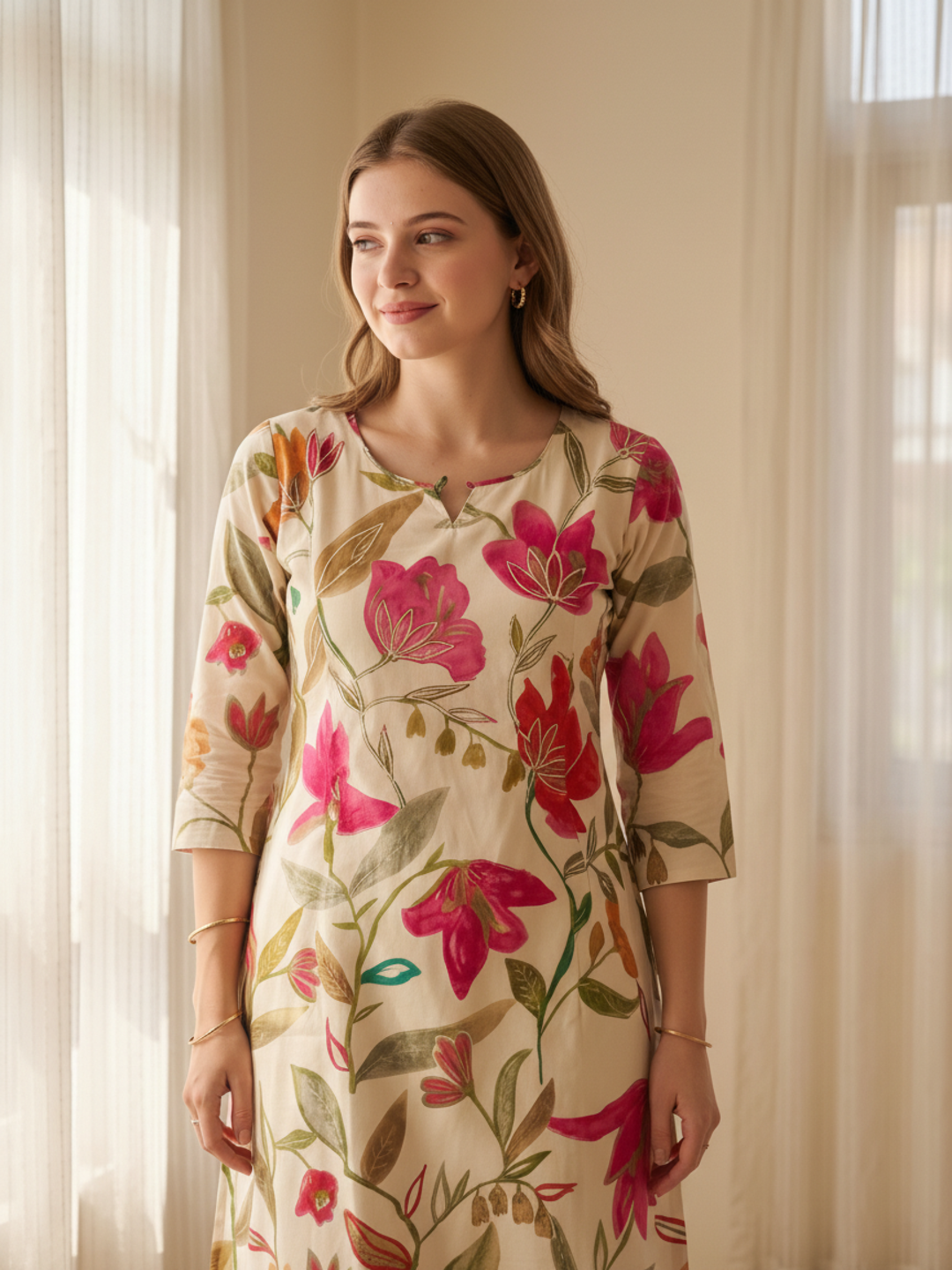 Floral Printed Embroidered A-Line Kurta - White