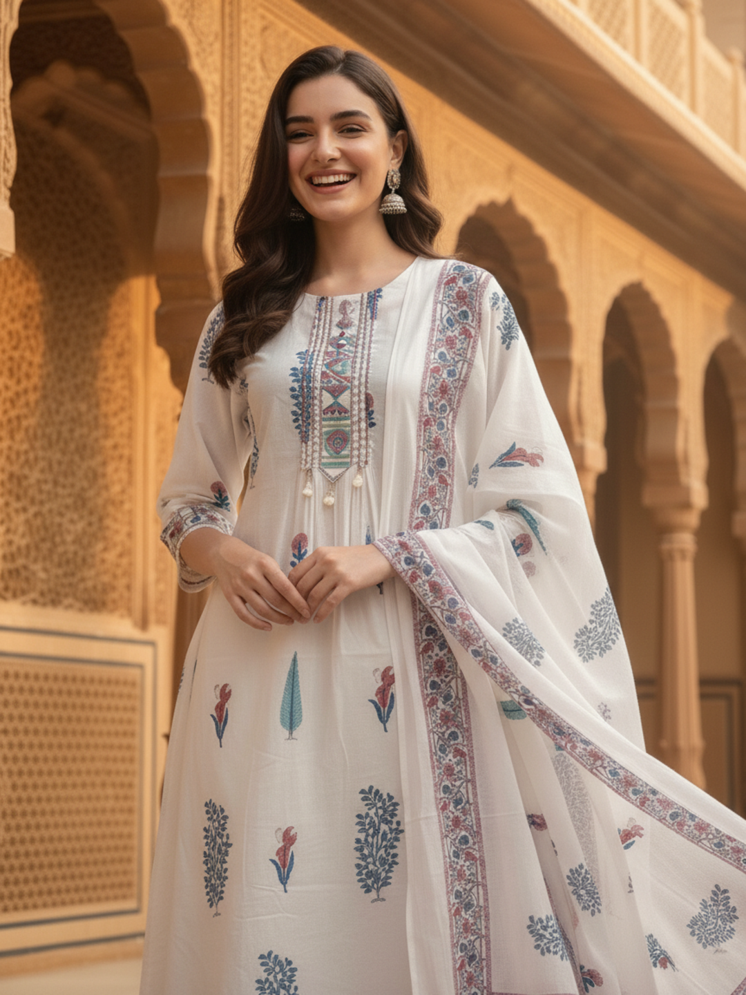 Ethnic Printed Embroidered A-Line Kurta with Pant & Dupatta - White