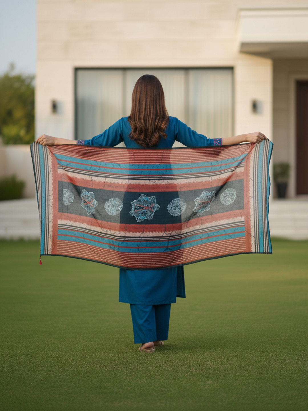 Ethnic Printed Embroidered A-Line Kurta with Pant & Dupatta - Navy Blue